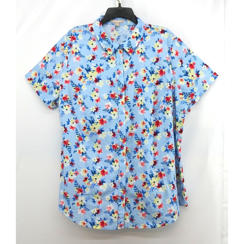 Woman Within Shirt Women Size 1X Blue Floral Short Sleeve Casual Button Up Top